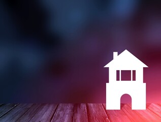 Little house on dark storm clouds blur background. Bad weather threatens house, but it protects and warms bright light. Dark wood surface texture. 3d illustration.
