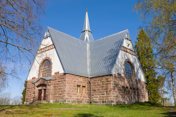 Old Lutheran Church Ryasyalya close-up on a Sunny may day. Melnikovo, Russia