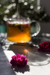 Tea made from tea rose in a glass.