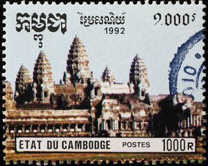 Temples of Angkor Wat on cambodian stamp