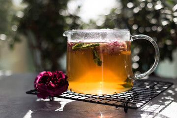 Tea made from tea rose in a glass.