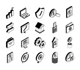 Money and financial isometric line style icon set vector design