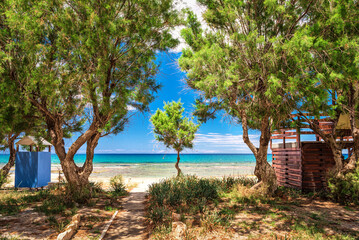 The photo of deserted sandy beach, blue sky, green blue waters of the Mediterranean sea and blooming trees (Tamarix aphylla / Almirikia) in summer sunny day (Anissaras, Crete, Greece). 