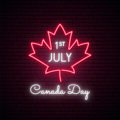 Happy Canada Day neon signboard. Canada day bright light banner with maple laef. Vector illustration.