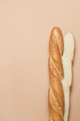 French baguette cut in half lengthwise. Place for text. Copy space.