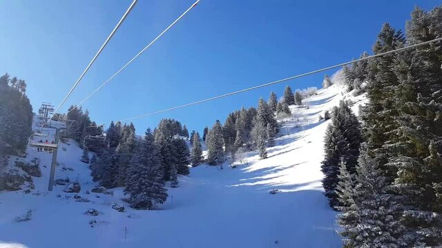 Paysage de montagne enneig&eacute; sur un t&eacute;l&eacute;si&egrave;ge de ski entre les montages et les pins
