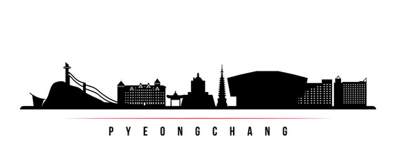 Fototapeta na wymiar Pyeongchang skyline horizontal banner. Black and white silhouette of Pyeongchang, South Korea. Vector template for your design.