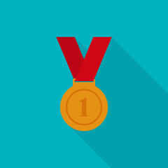 Gold medal icon with long shadow on blue background, flat design style