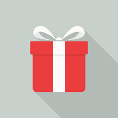 Gift box icon with long shadow on gray background, flat design style