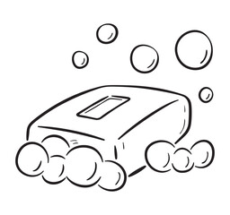 Black and white illustration of  cartoon soap bar with bubbles. On white background
