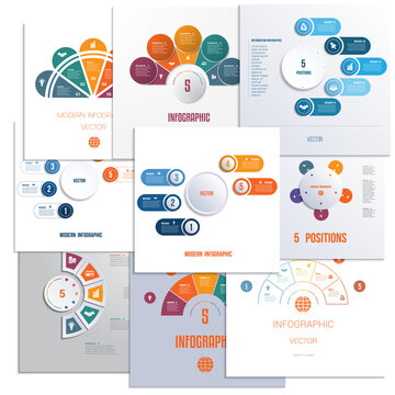 Set 9 universal templates elements Infographics conceptual cyclic processes for 5 positions possible to use for workflow, banner, diagram, web design, timeline, area chart,number options