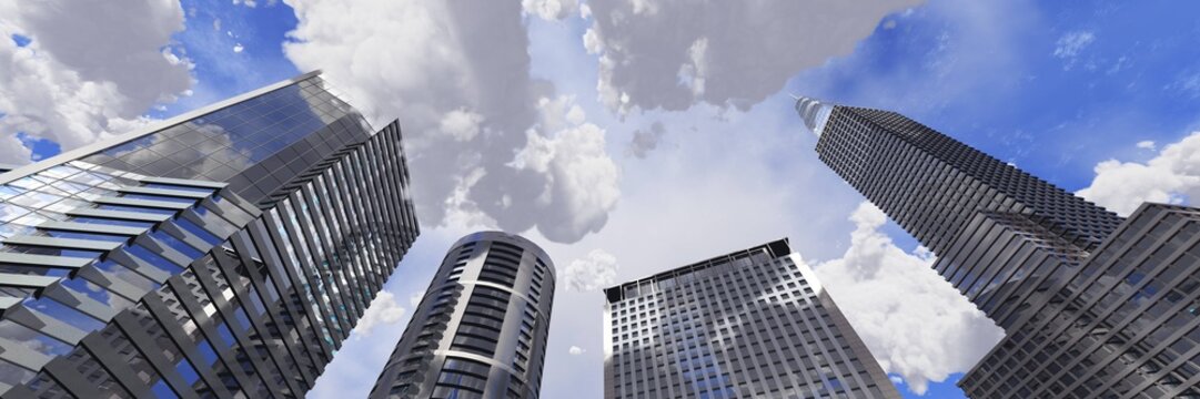 Skyscrapers against the blue sky with clouds, modern high-rise buildings bottom view, 3D rendering
