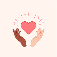 Stop racism. Hands holding red heart. Vector illustration