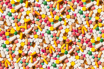 Medical, vitamin pills. drugs.  Colorful medicine pills  texture. Pills pattern background. full frame