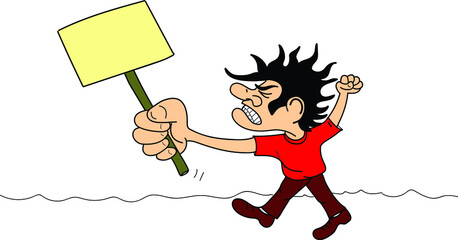 Angry  man holding an empty protest sign.Vector image 