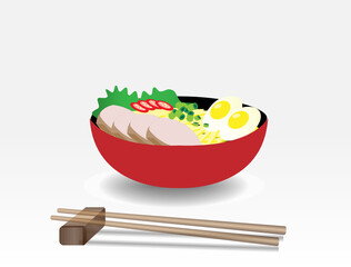 Japanese ramen noodles soup with porks, eggs, chili and chives in bowl, chopsticks aside . Isolated in gradient white background. Side view. Vector Illustration.