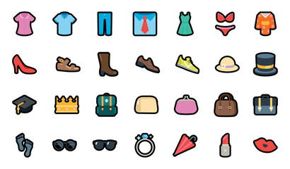 All Clothes Vector Icons Set. Shopping Emojis Collection. Menswear, Womenswear, Accessories, Ring, Hat, Shirts, Wears, Apparels, Dresses Illustrations