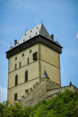 View on the main tower of Karlstejn Castle in Karlstejn village in Czech Republic