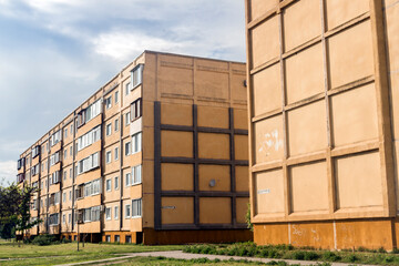 Apartment building based on a post-soviet architecture style in a Slavutych city, purposely built for the evacuated personnel of the Chernobyl Nuclear Power Plant after the 1986 disaster