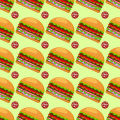 Seamless background of burgers. Fast food hamburger, cheeseburger. Vector illustration.
