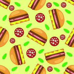 Seamless background of burgers. Fast food hamburger, cheeseburger. Vector illustration.
