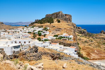 Lindos village with the Acropolis on the hill. Rhodes, island, Greece