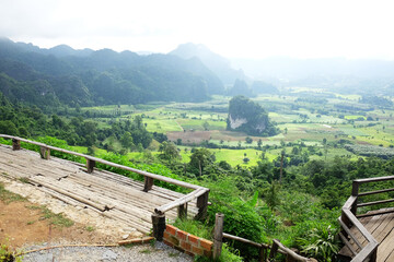 Wooden terrace for Viewpoint on the valley " Phu lang Kha " Mountain and beautiful greenery forest in rainy season of Thailand
