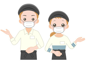 マスクをして案内するカフェ店員