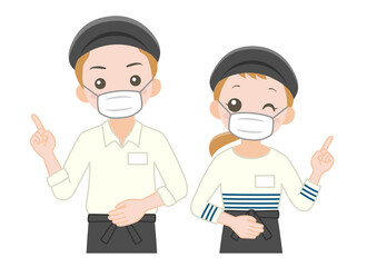 マスクをして案内するカフェ店員