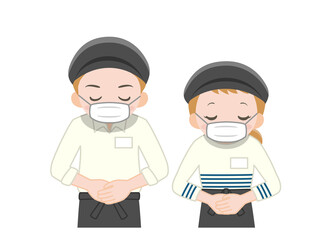 マスクをして頭を下げるカフェ店員