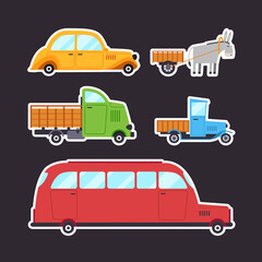 Stickers of retro cars. Vector illustration in cartoon style. Transport vehicle. Bus. Truck. Cart drawn by a donkey.