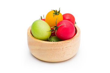 Colorful tomatoes, Japanese sweet tomato in the wooden cup isolated on white background with clipping path.
