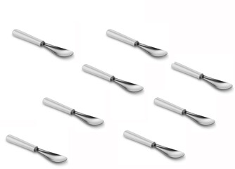 diagonally arranged eight silver metal cooking spatula isolated on a white background