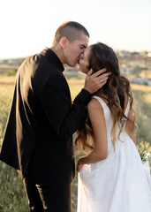 The groom passionately and sensually kisses the tender bride in a minimalistic wedding dress against the background of a green meadow on a sunny summer day.