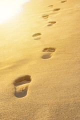 Fototapeta na wymiar Beautiful Footprints in the golden sand by the sea in Spain, Palma de Mallorca