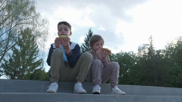 Two little kid boys eating hot dogs outdoors. Siblings enjoying their meal. Hotdog as unhealthy food for children