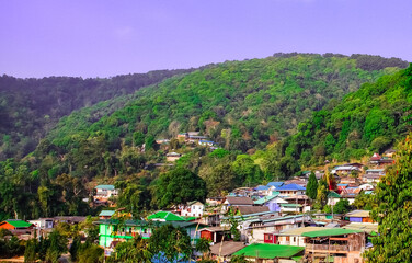 Panorama view of Doi Pui Hmong Village deep in the mountains of Chainmai Thailand