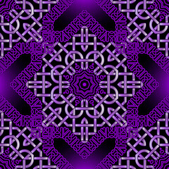 Floral celtic mandalas seamless pattern. Vector lines background. Repeat line art violet arabic ornamets. Intricate curved lines backdrop. Beautiful arabesque design with contours, flowers, frames