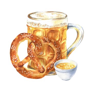 Hand drawn watercolor mug of beer with pretzel isolated on white background. Food illustration.