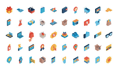 Shopping online isometric style icon set vector design