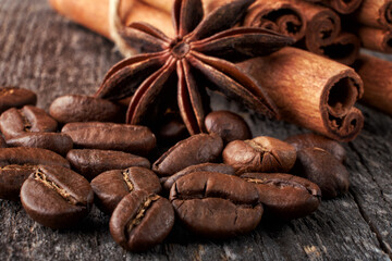 coffee beans close up on a wooden background