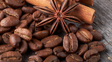 coffee beans close up on a wooden background