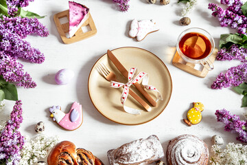 Breakfast or brunch with delicious pastries and Easter cookies.