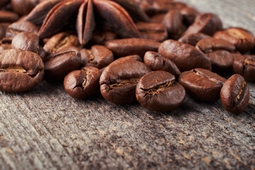 coffee beans close up on a wooden background