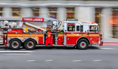 fire trucks and firefighters brigade in the city