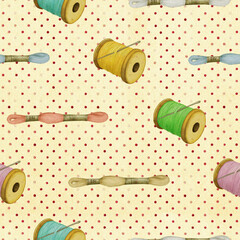 Hand drawn sewing threads, seamless pattern. Yellow dotted background.
