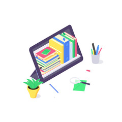 Isometric online technology education web study and laptop learn and book library flat design vector illustration