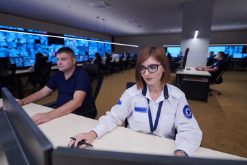 Female operator working in a security data system control room