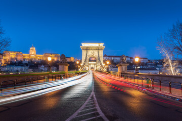 Szechenyi Chain Bridge, Budapest, Hungary with car light trail during twilight