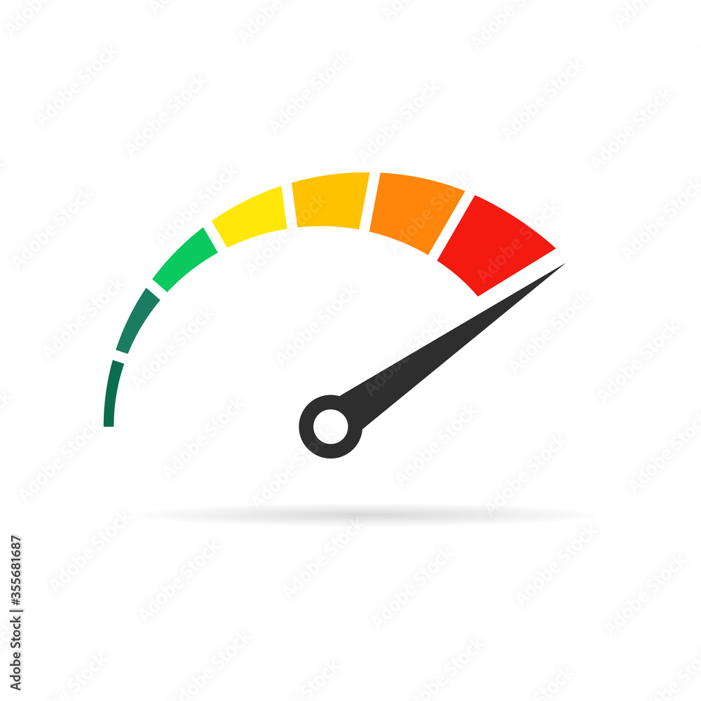 Poster speedometer rating. colored speedometer sign with arrow. performance measurement symbol.